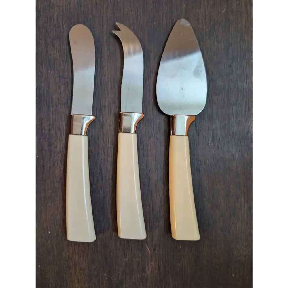 Vintage Regent Sheffield England 3 Piece Cheese Knife Set - Faux Wood - 60s-70s